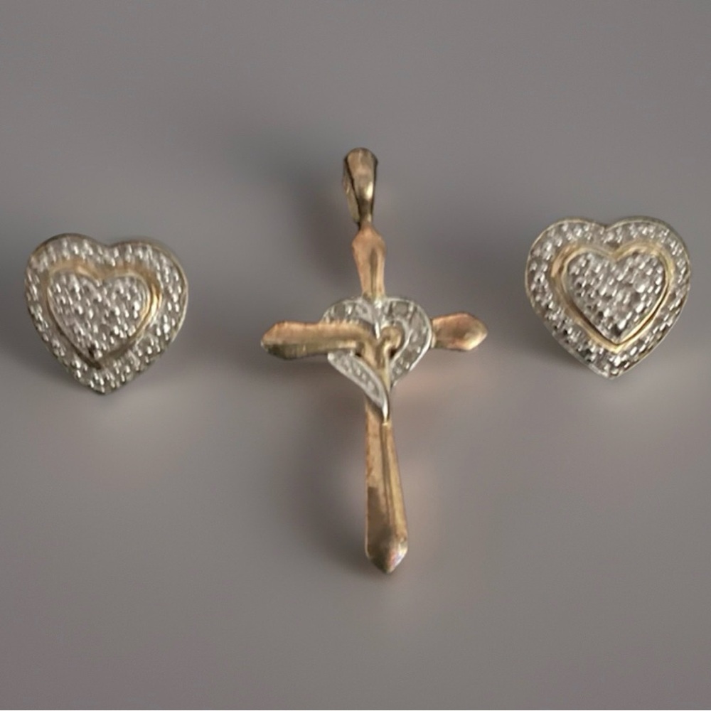 Cross Pendant Earrings Diamonets Set Marked RJ In Loop Both 925 Sterling Silver
